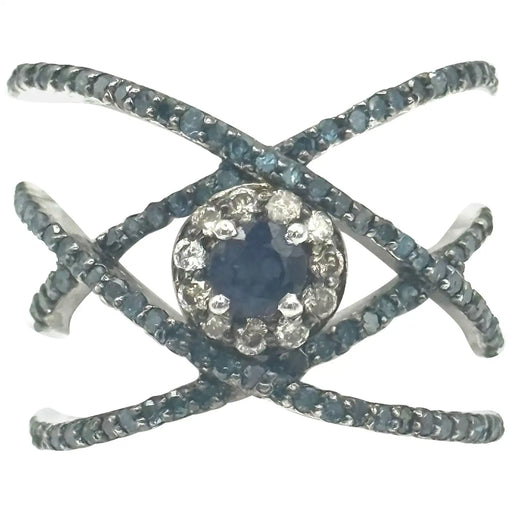 Blue Sapphire & Diamond Crisscross Cocktail Ring in Silver