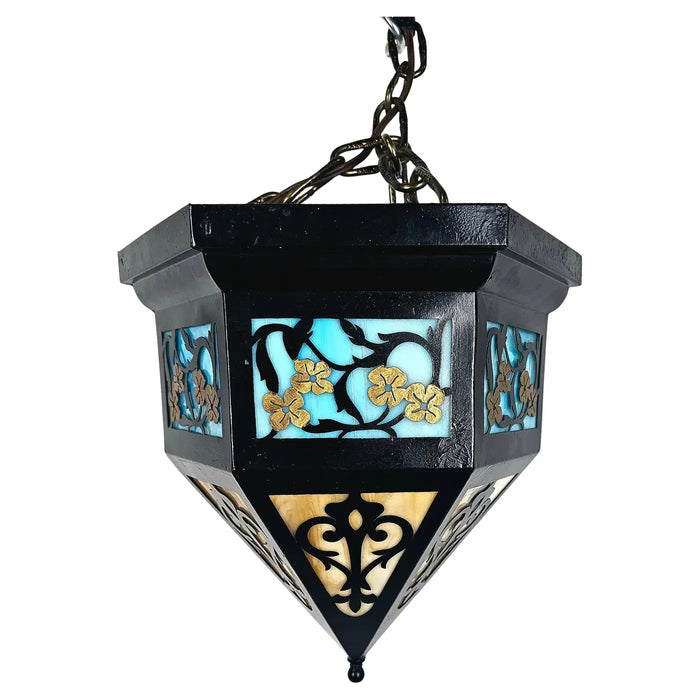 Art Deco Black Metal & Multi-Color Glass with Filigree Design Pendant or Lantern