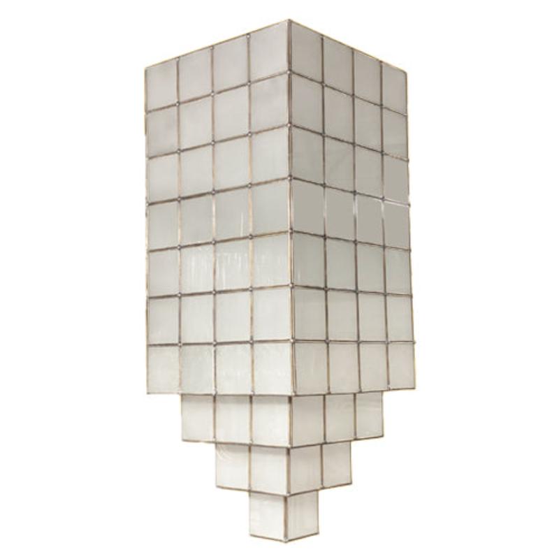 Art Deco Style Skyscraper White Milk Glass & Brass Chandelier or Pendant