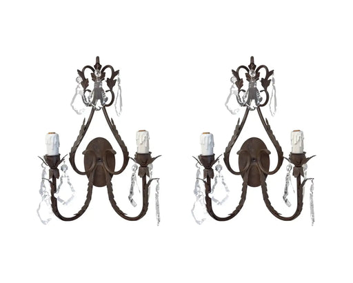 French Louis XV Style Wrought Iron & Crystal Two Arm Wall Sconce, a Pair