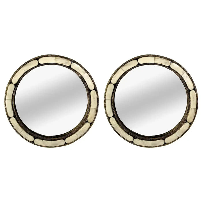 Art Deco Style Round White Frame & Antiqued Brass Filigree Inlay Mirror, a Pair