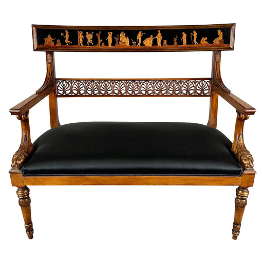 Italian Neoclassical Style Settee with Carved Wood and Black Upholstery