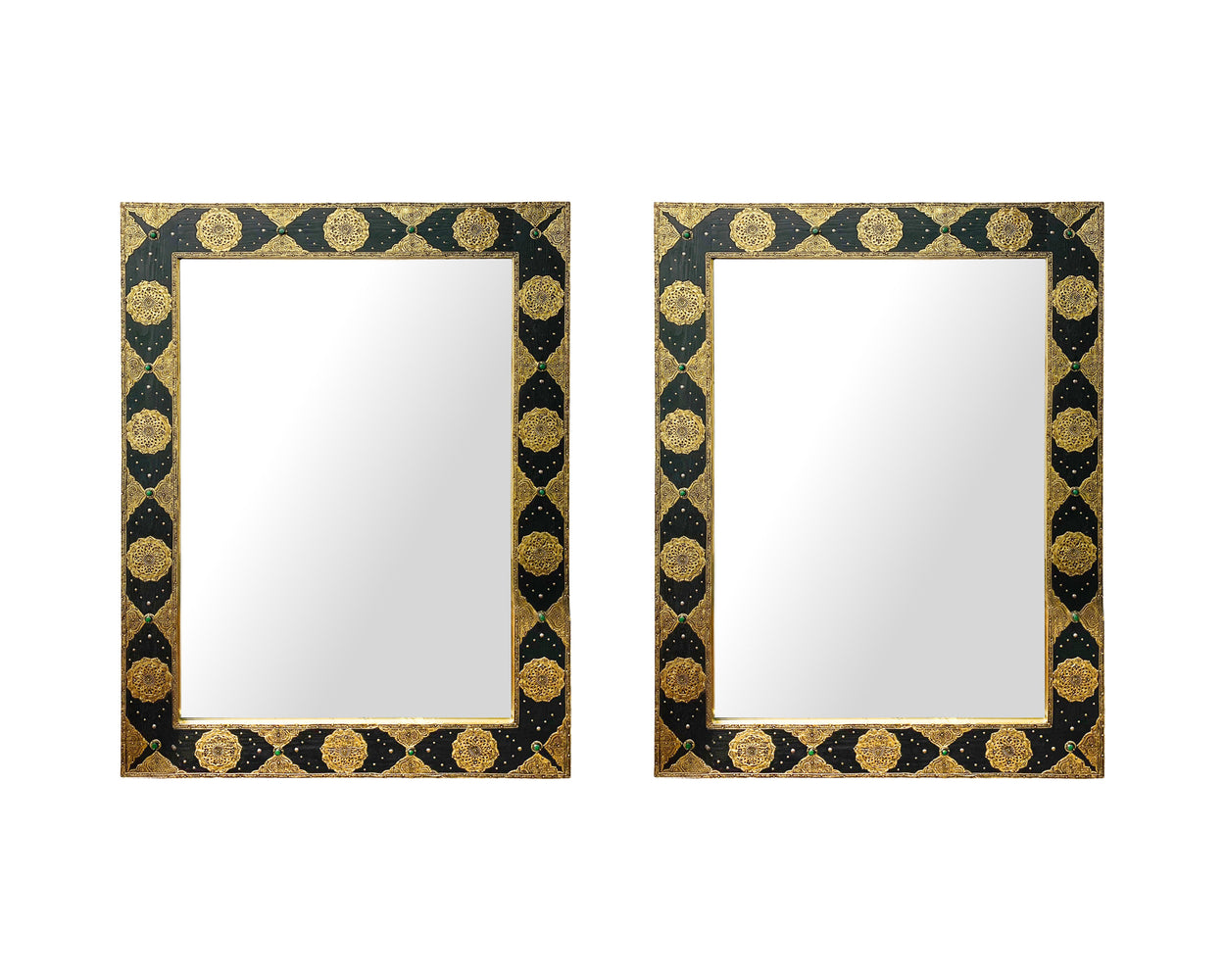 Hollywood Regency Moroccan Mirror with Filigree Brass Inlay on Ebony, a Pair