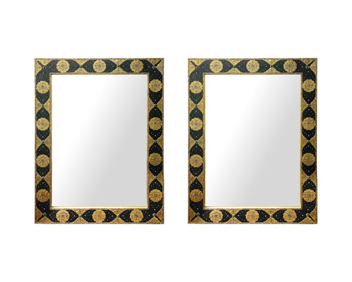 Hollywood Regency Moroccan Mirror with Filigree Brass Inlay on Ebony, a Pair