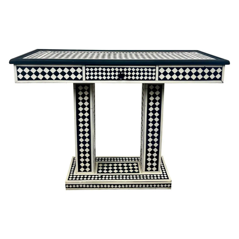 Art Deco Style Black & White Resin Console Table in Diamond Pattern