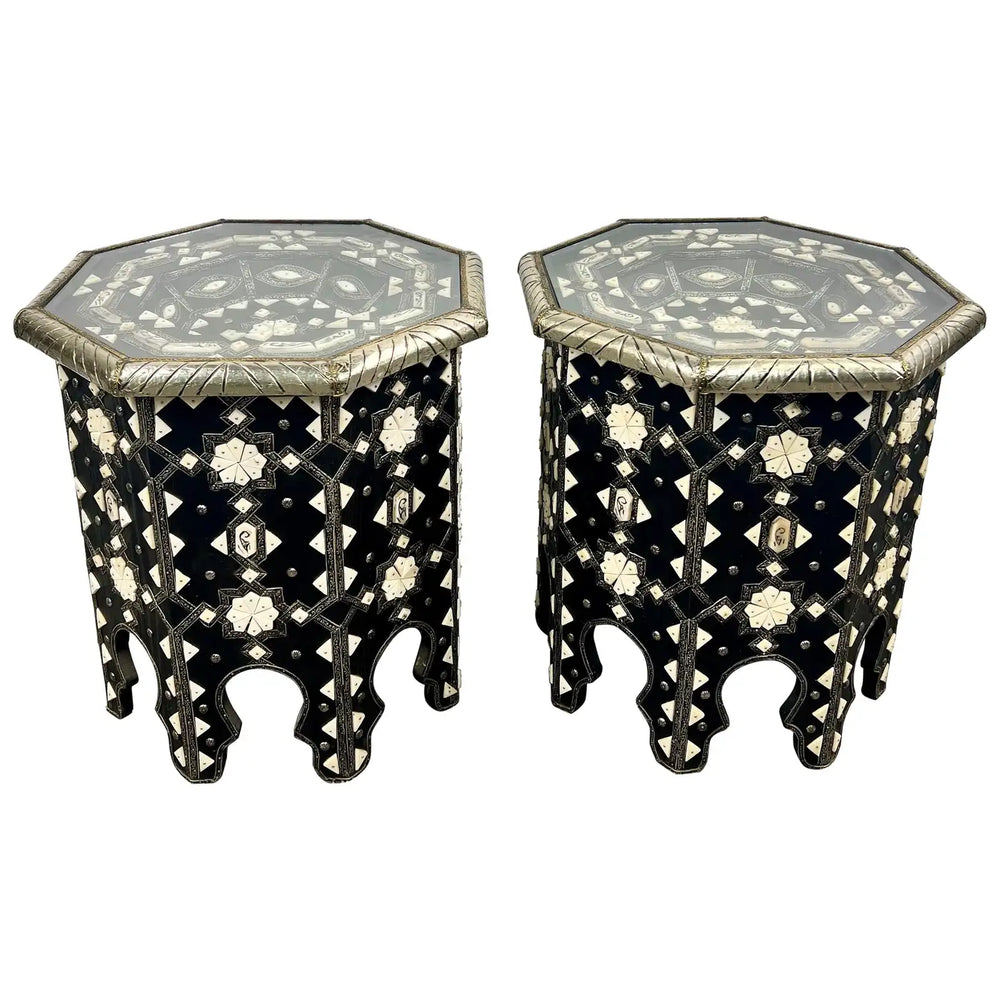Moroccan Black & White Bone with Filigree Inlay Octagonal End Table, a Pair