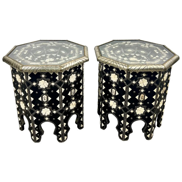 Moroccan Black & White Bone with Filigree Inlay Octagonal End Table, a Pair