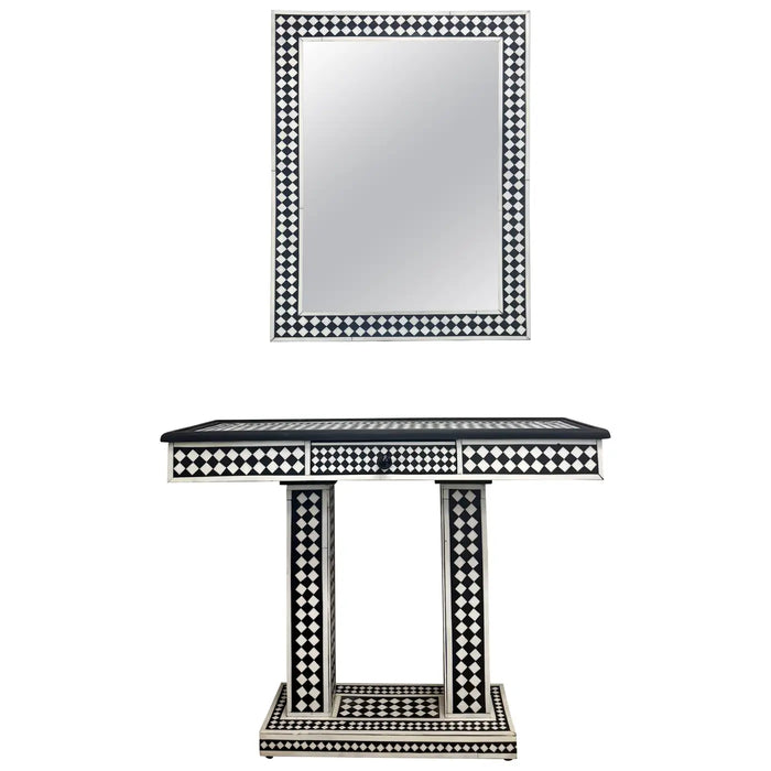 Art Deco Style Black & White Resin in Diamond design Mirror & Console, Set of 2