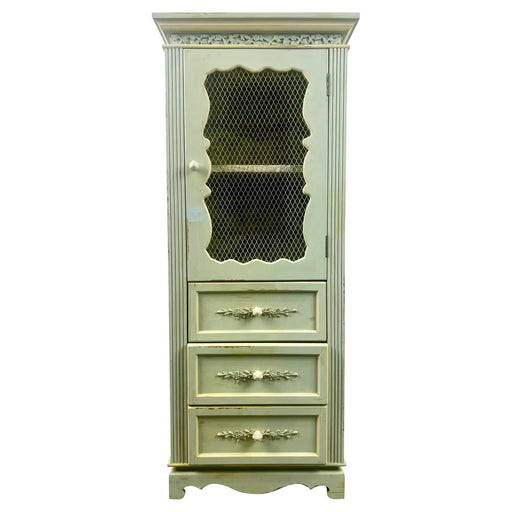 French Provincial Style Mid-Century Distressed Green Cabinet with Three Drawers