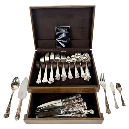 Georgian House Stainless Silverplate English Flatware with Original Box, 65 pcs