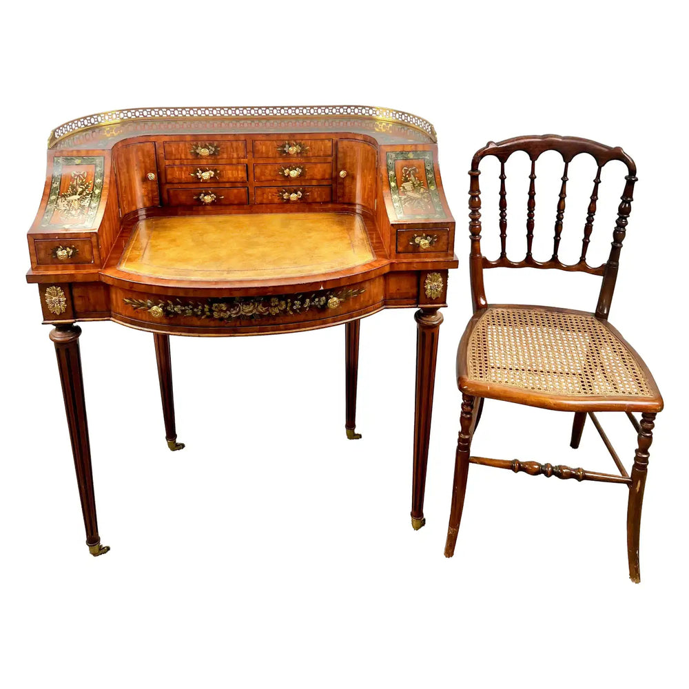English Regency Carlton House Style Lady Desk & Cane Chair by Maitland Smith