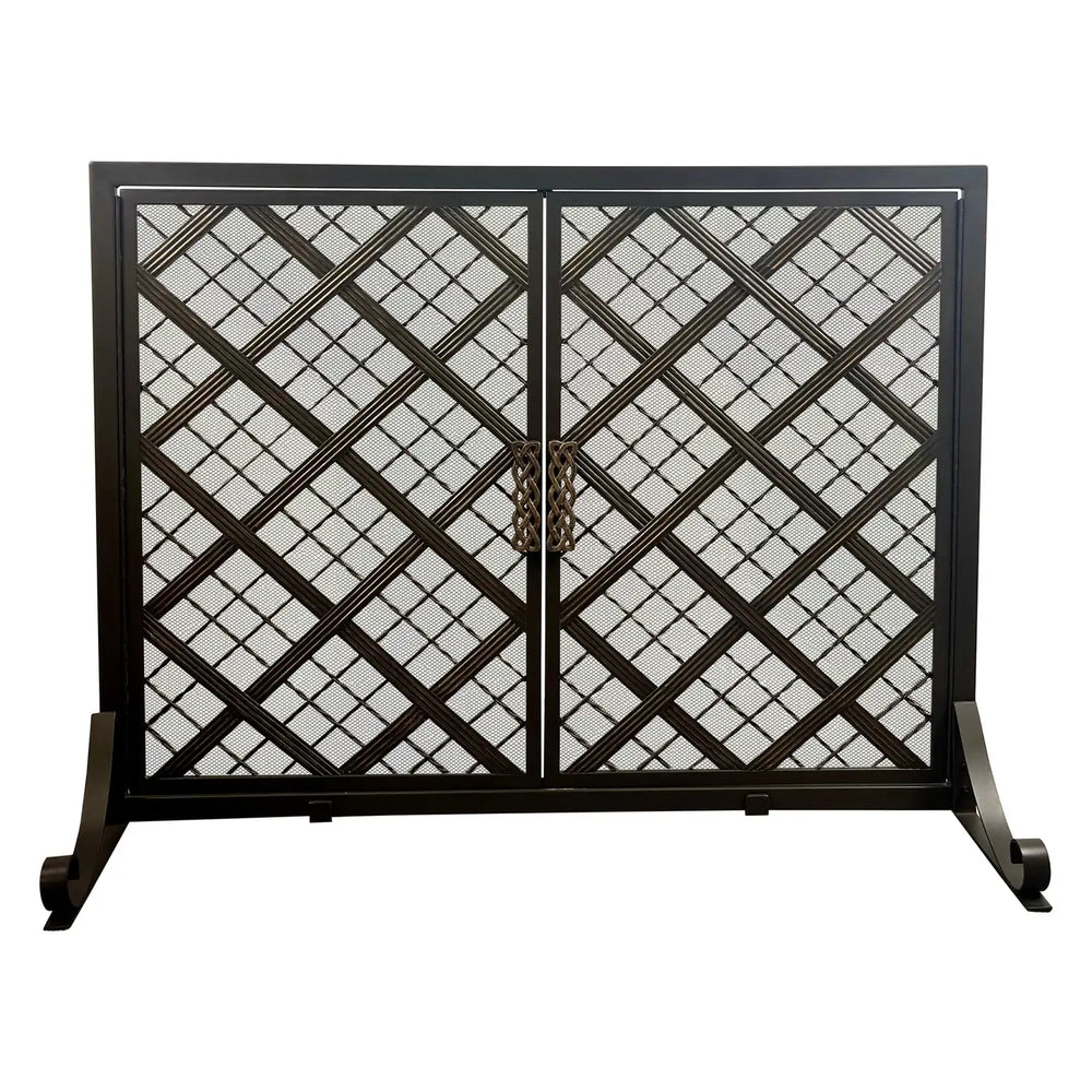 Art Deco Style Black & Bronzed Metal Two-Door & Diamond Design Fireplace Screen