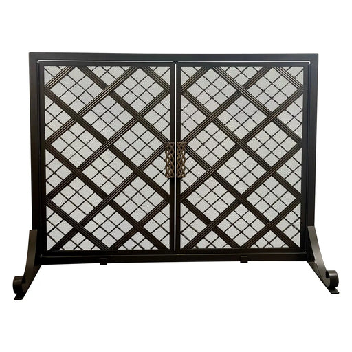 Art Deco Style Black & Bronzed Metal Two-Door & Diamond Design Fireplace Screen