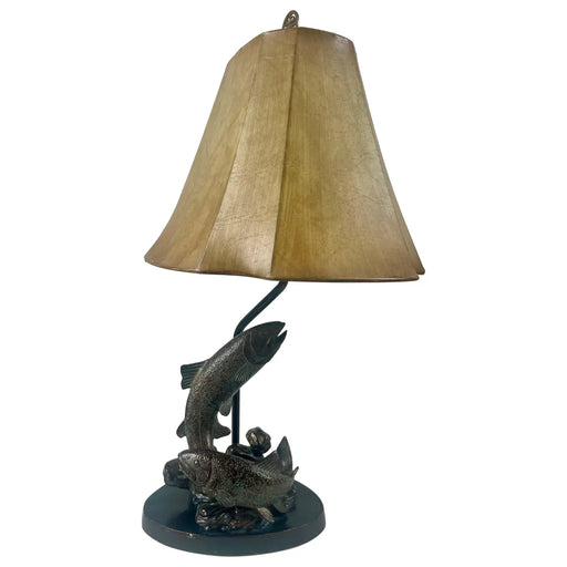 Rustic Style Flying Trout Table Lamp with Bronzed Base and Faux Leather Shade