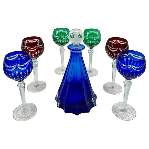 Rare Murano Glass Decanter in Cobalt Blue with Jewel-Tone StemGlasses Set, 7 Pcs