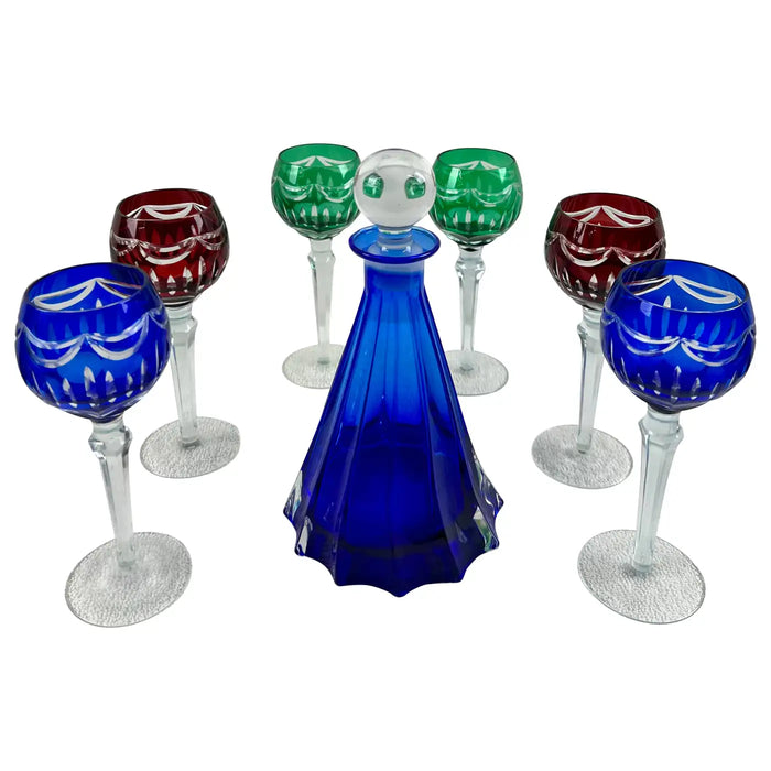 Rare Murano Glass Decanter in Cobalt Blue with Jewel-Tone StemGlasses Set, 7 Pcs
