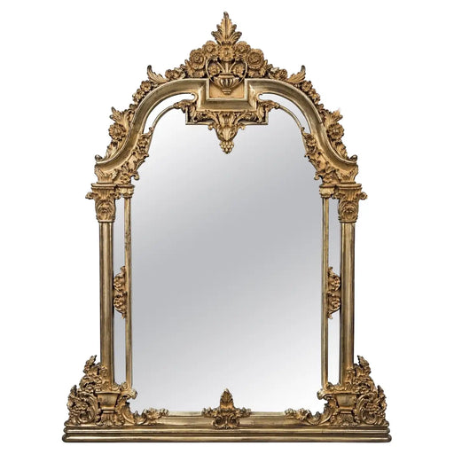 Neoclassical Revival Champagne Gold Large Mirror with Urn and Floral Pediment