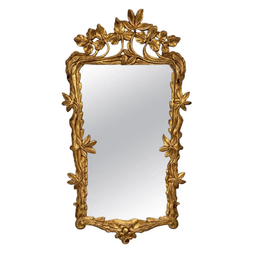 Antique Art Nouveau Giltwood Wall Mirror with Hand Carved Botanical Leaf Frame