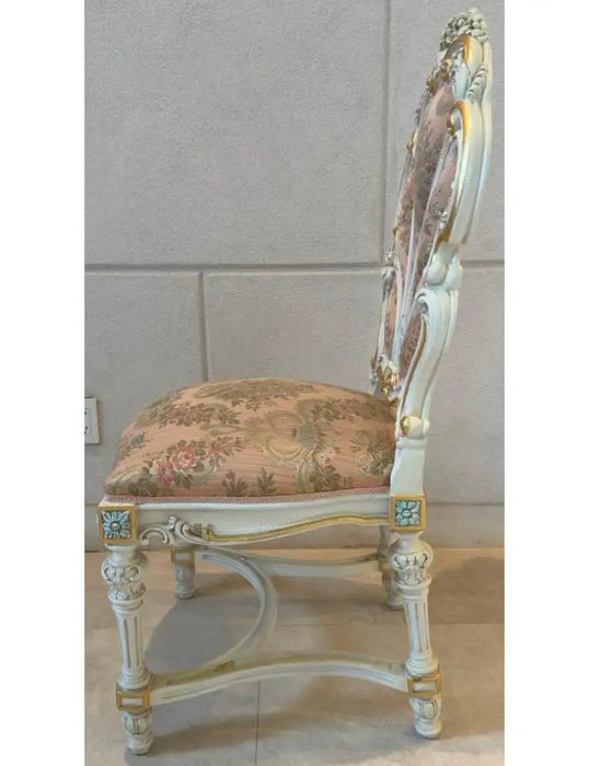 Italian Baroque Style Dining Chair in Antiqued White & Silk Upholstery, 14 pcs