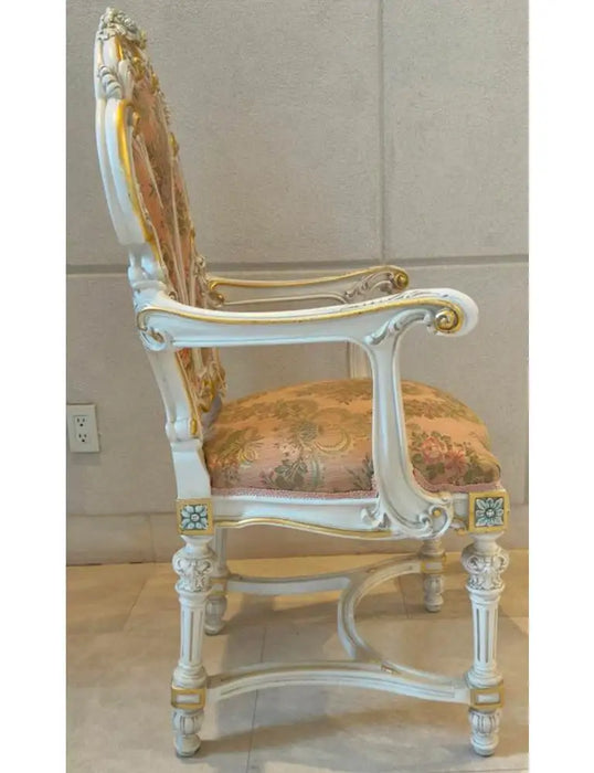 Italian Baroque Style Dining Chair in Antiqued White & Silk Upholstery, 14 pcs