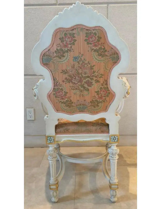 Italian Baroque Style Dining Chair in Antiqued White & Silk Upholstery, 14 pcs