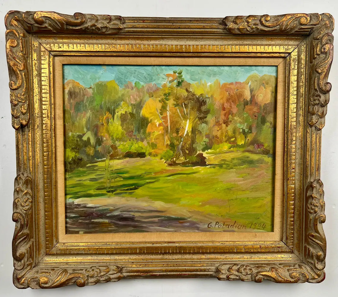 Girair Poladian Signed 1994 Landscape Oil Painting in Ornate Gilt Frame 1994