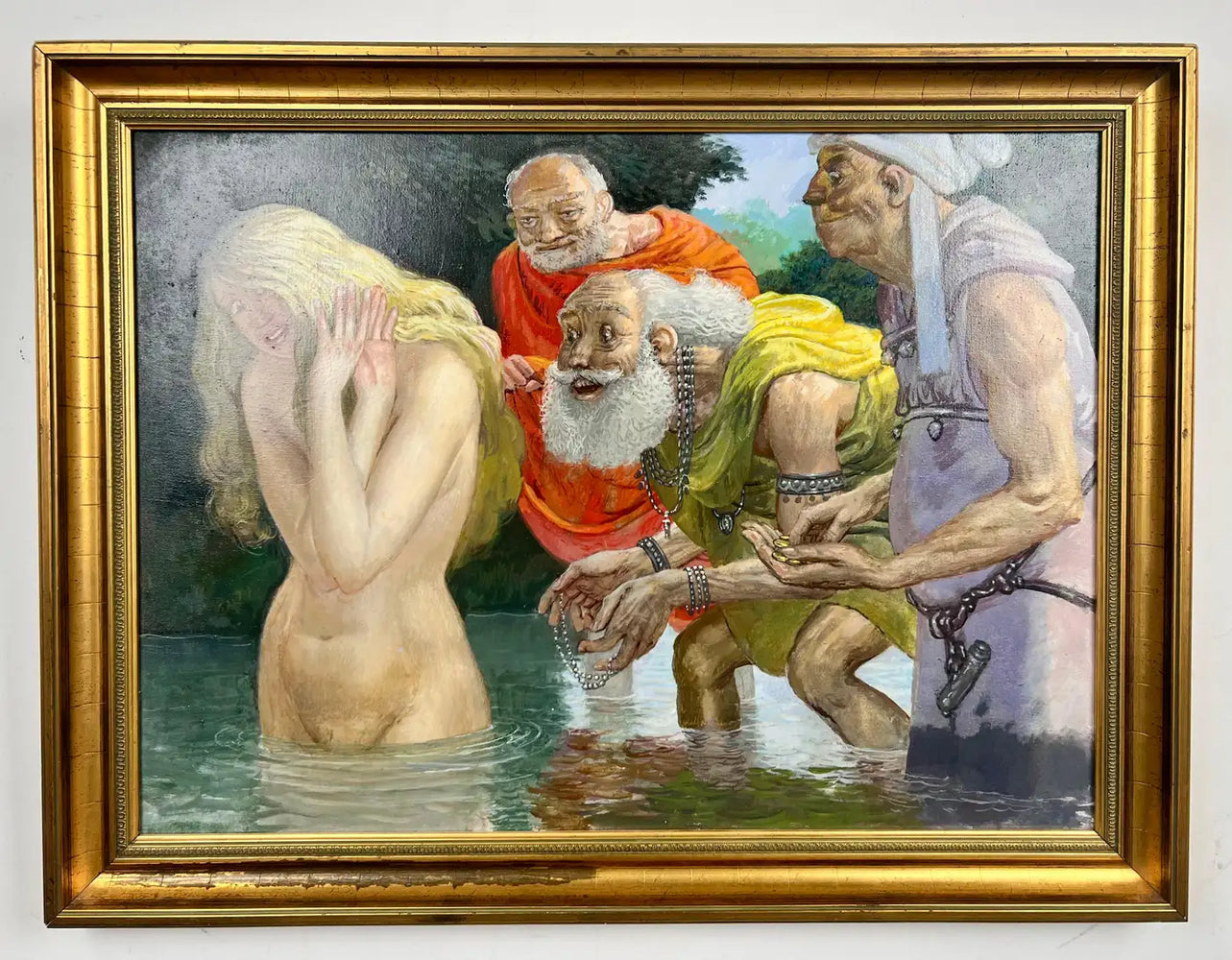 Mythological or Allegorical Scene w Bathing Female Figure Oil on Canvas, Framed 1980's