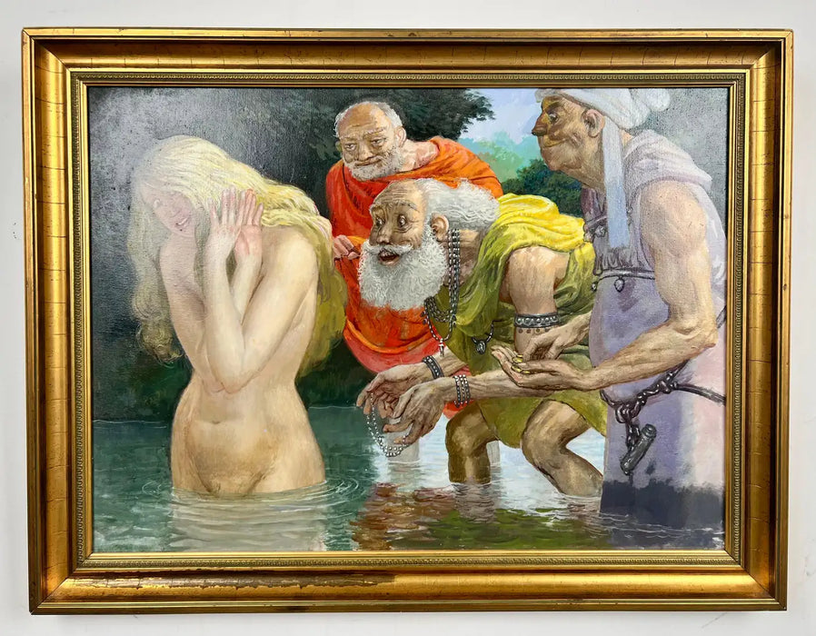 Mythological or Allegorical Scene w Bathing Female Figure Oil on Canvas, Framed 1980's