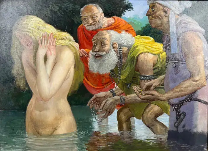 Mythological or Allegorical Scene w Bathing Female Figure Oil on Canvas, Framed 1980's