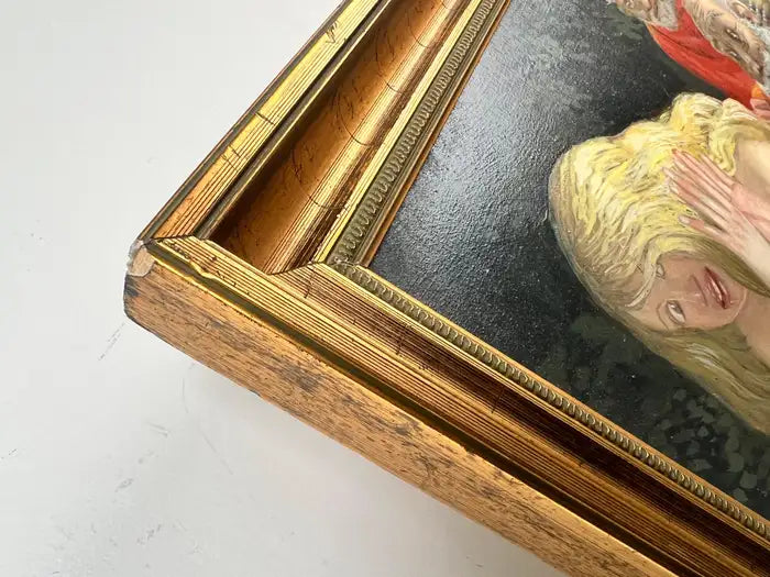 Mythological or Allegorical Scene w Bathing Female Figure Oil on Canvas, Framed 1980's