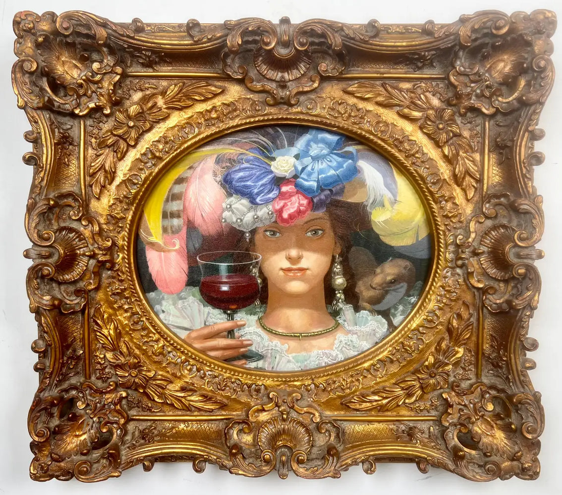 Romantic Belle Époque Portrait of a Lady in Gilded Rococo Frame Print on Canvas 1990's