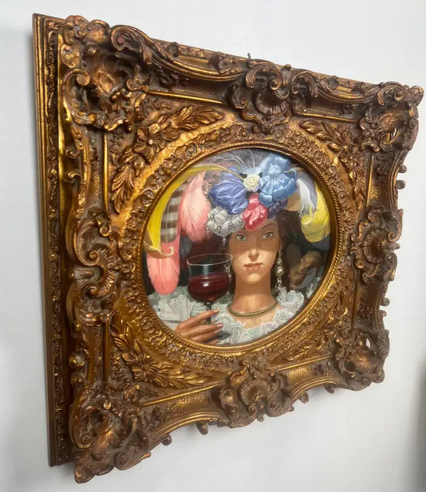 Romantic Belle Époque Portrait of a Lady in Gilded Rococo Frame Print on Canvas 1990's