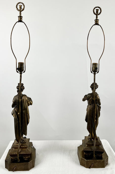 French Art Nouveau Bronze Figural Table Lamp, a Pair