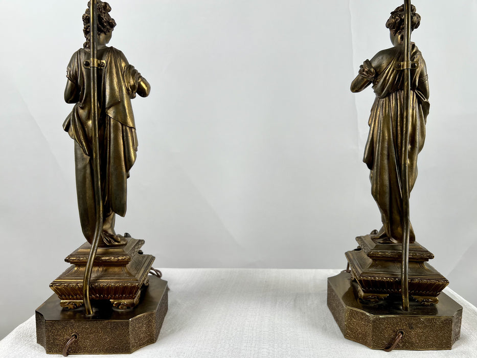 French Art Nouveau Bronze Figural Table Lamp, a Pair