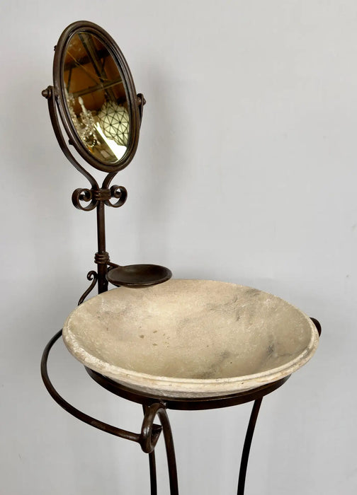 English Victorian Wrought Iron Wash Stand with Oval Mirror, Basin and Pitcher