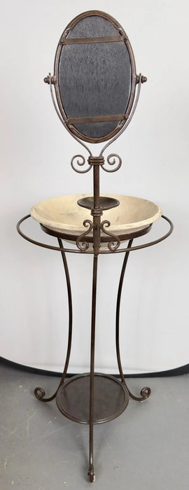 English Victorian Wrought Iron Wash Stand with Oval Mirror, Basin and Pitcher