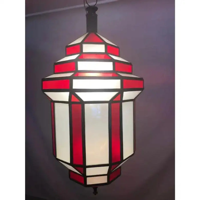Art Deco-Style White Milk & Red Glass & Bronze Chandelier, Pendant or Lantern