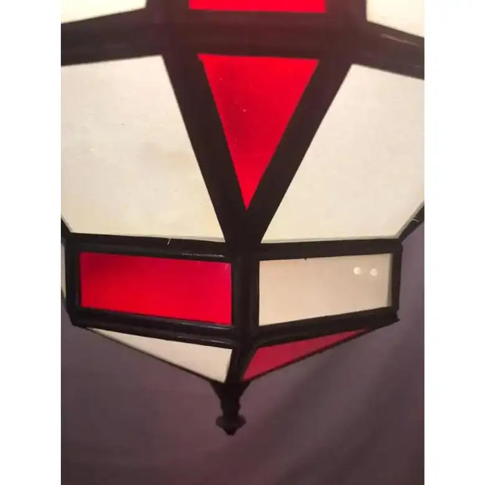 Art Deco-Style White Milk & Red Glass & Bronze Chandelier, Pendant or Lantern