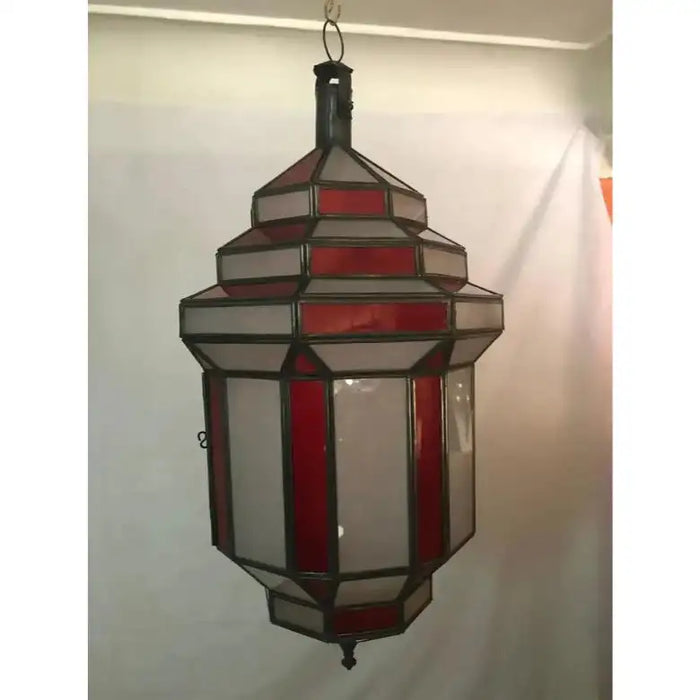Art Deco-Style White Milk & Red Glass & Bronze Chandelier, Pendant or Lantern