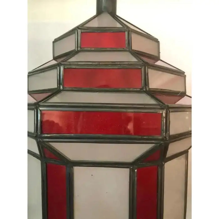 Art Deco-Style White Milk & Red Glass & Bronze Chandelier, Pendant or Lantern