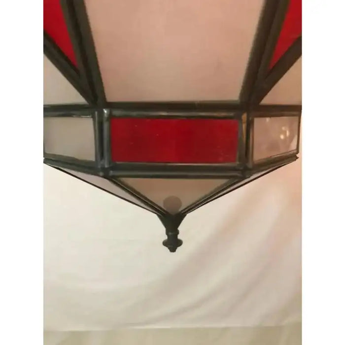 Art Deco-Style White Milk & Red Glass & Bronze Chandelier, Pendant or Lantern