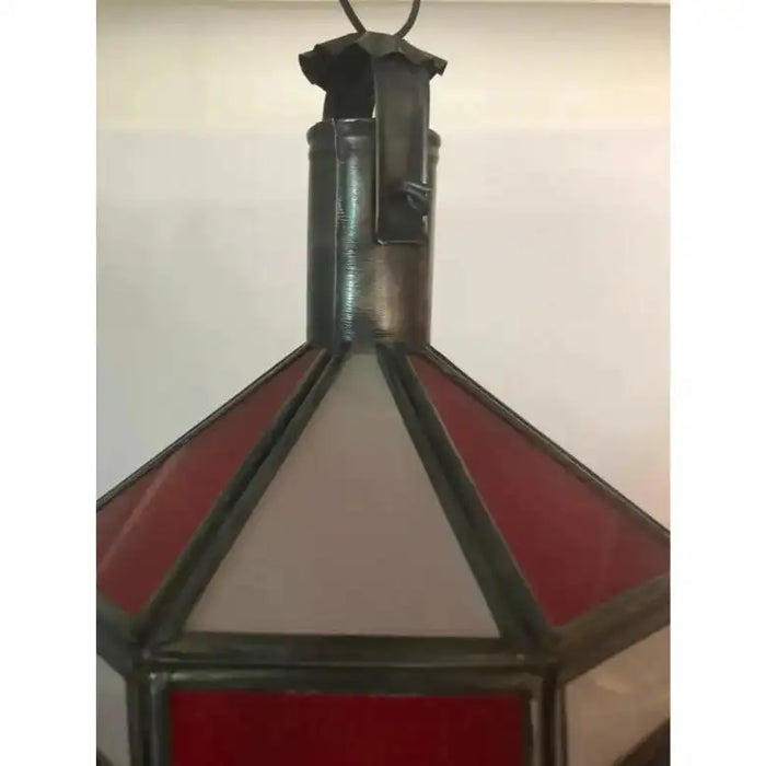 Art Deco-Style White Milk & Red Glass & Bronze Chandelier, Pendant or Lantern