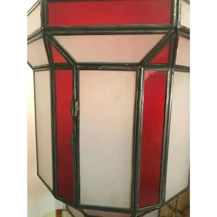 Art Deco-Style White Milk & Red Glass & Bronze Chandelier, Pendant or Lantern