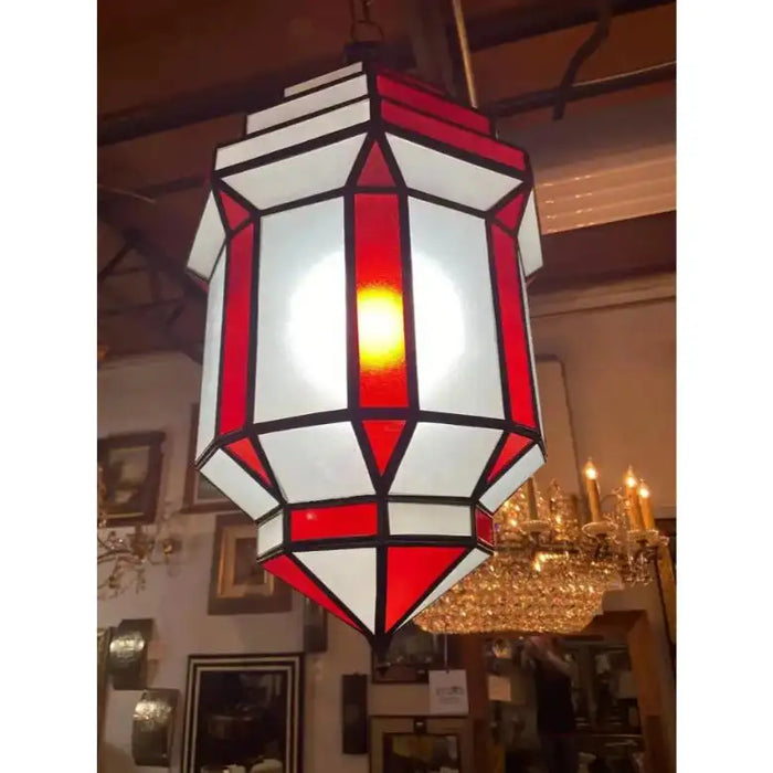 Art Deco-Style White Milk & Red Glass & Bronze Chandelier, Pendant or Lantern