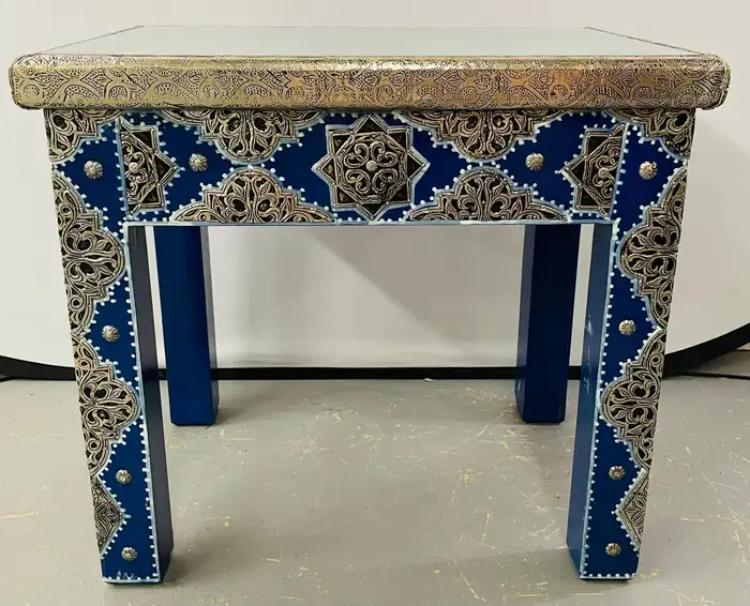 Boho Chic Style Moroccan Blue & Silver Rectangular Side or End Table, Pair