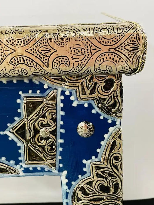 Boho Chic Style Moroccan Blue & Silver Rectangular Side or End Table, Pair