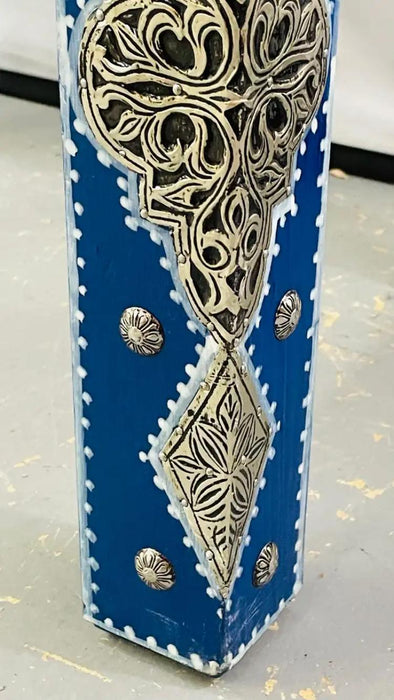 Boho Chic Style Moroccan Blue & Silver Rectangular Side or End Table, Pair
