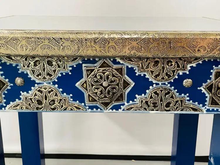 Boho Chic Style Moroccan Blue & Silver Rectangular Side or End Table, Pair