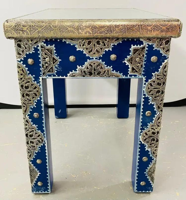 Boho Chic Style Moroccan Blue & Silver Rectangular Side or End Table, Pair