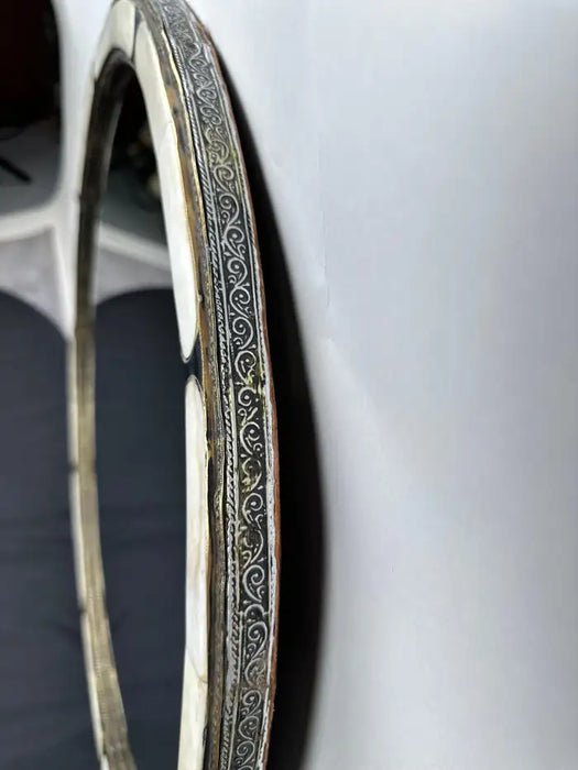 Art Deco Style Handmade White & Black with Brass Inlay Round Mirror, a Pair